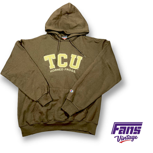 Rad! Vintage TCU Hoodie in Brown with stitched jersey style lettering with Tan Leather style patches!