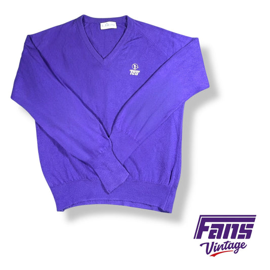 TCU Vintage Horned Frog Classic Golf V-Neck Sweater with embroidered logos