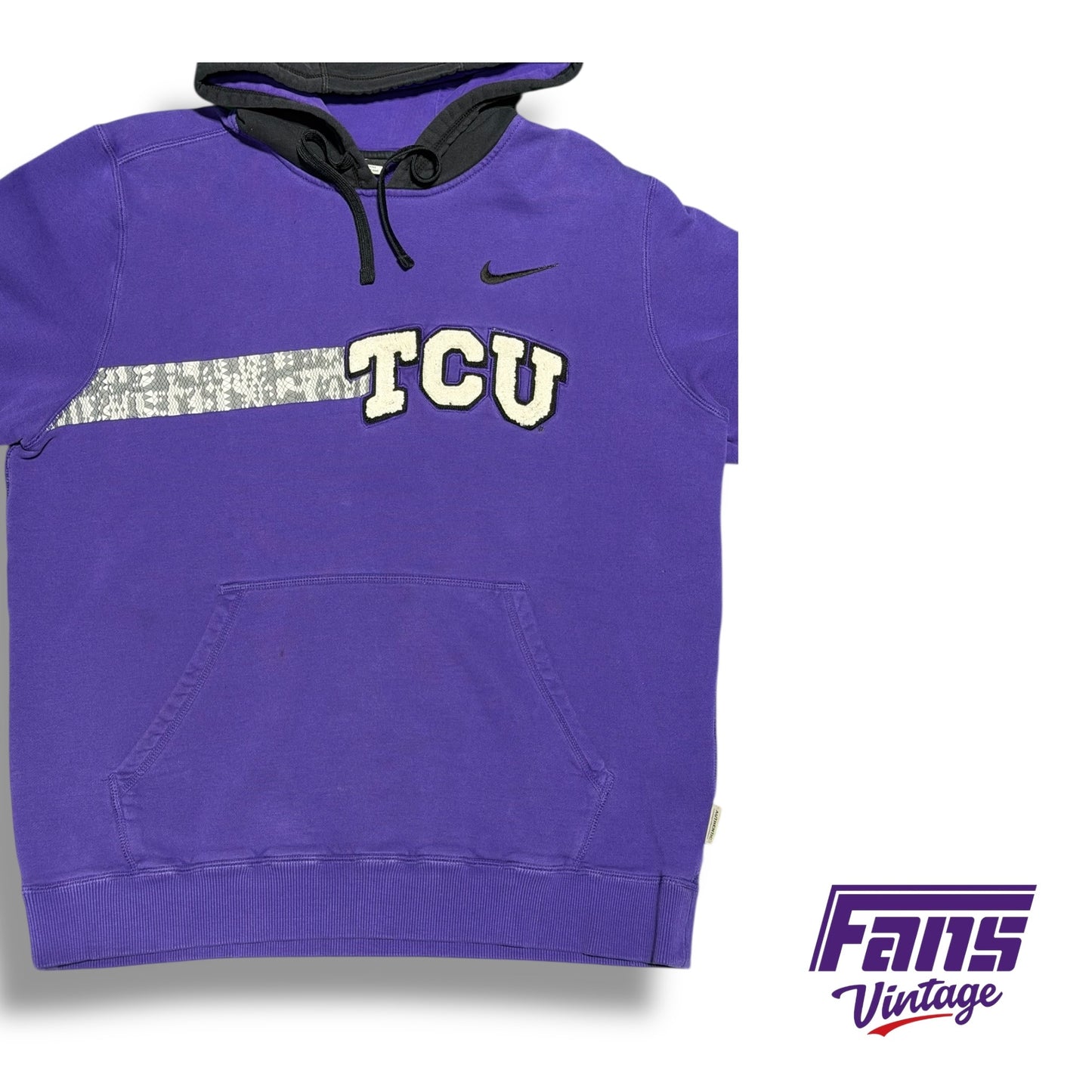 Sick Y2K Vintage Nike Team Issue Hoodie with Frogskin Stripe and Raised Chenille Stitch TCU Patch Logo