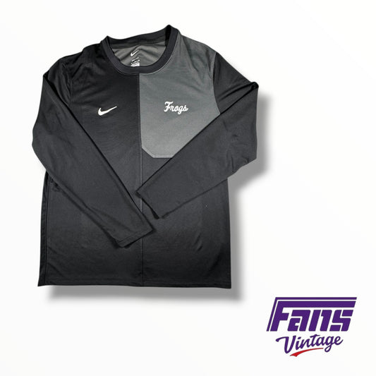 TCU Nike Team Issued Black & Gray Drifit Long Sleeve Shirt with Frogs Script Throwback Logo