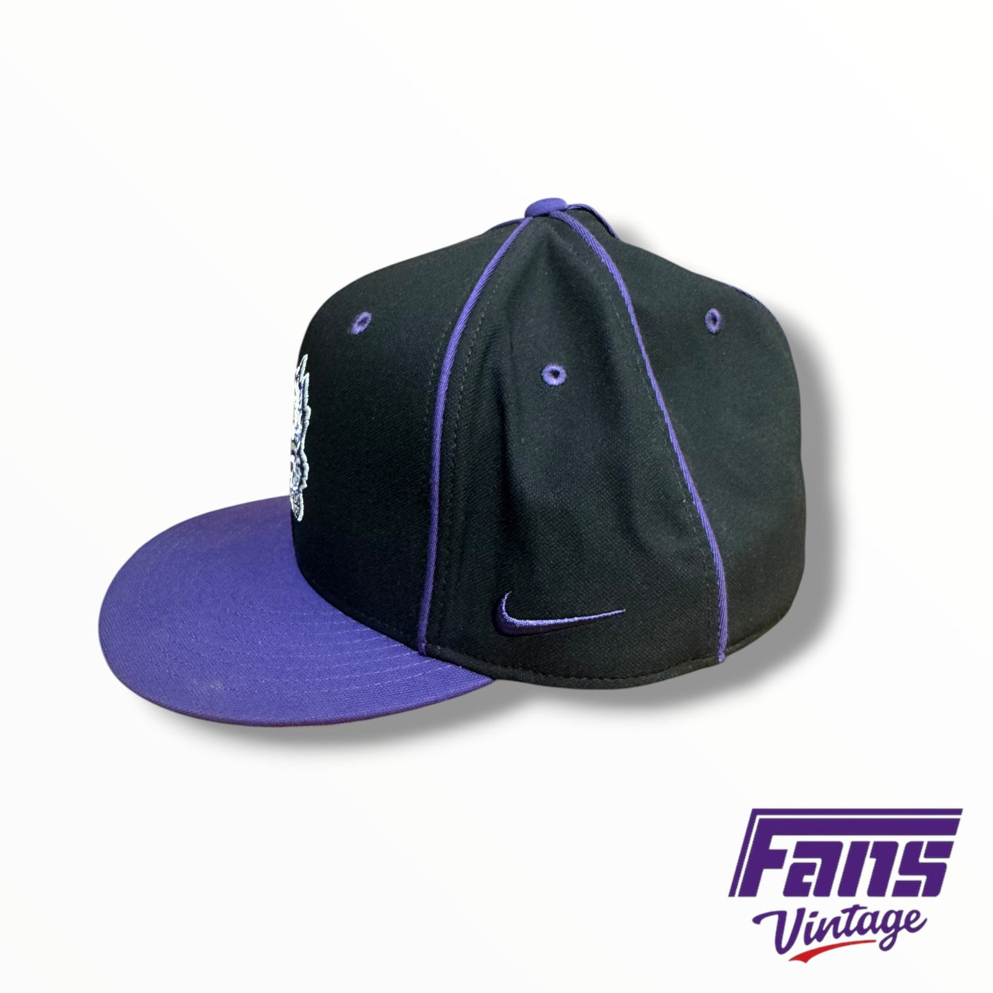 TCU Baseball Team-Issued Nike Black and Purple Fitted Hat with Horned Frog Logo