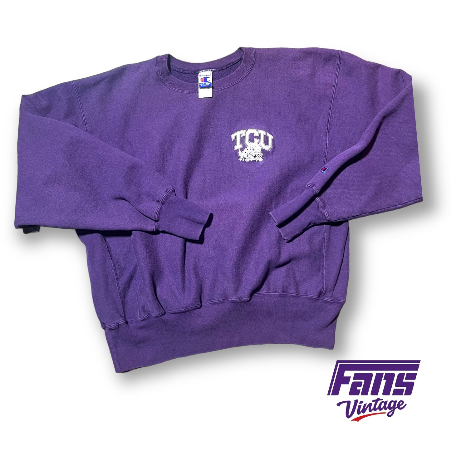 90s Vintage TCU Crewneck Sweater - Purple Champion Reverse Weave with unique embroidery!