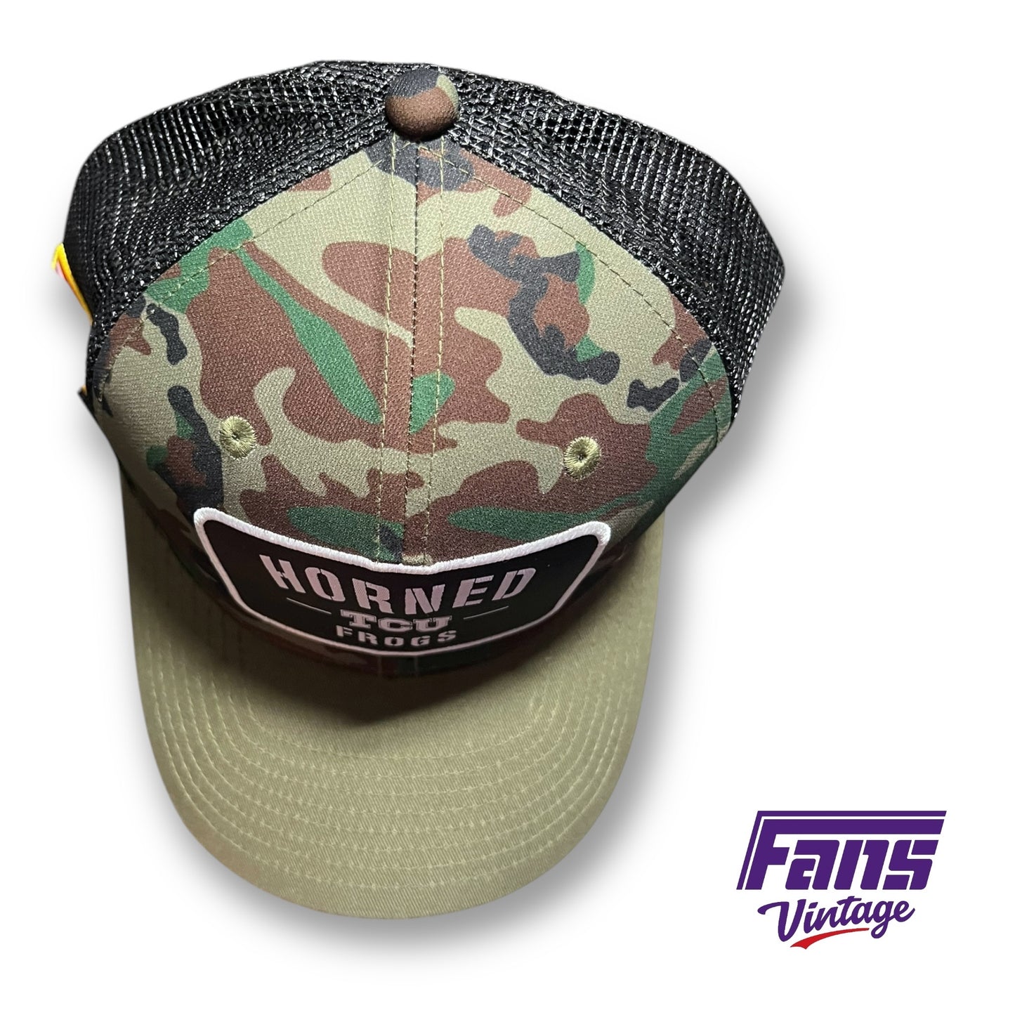TCU Horned Frogs Salute to Service Camo Trucker hat with USA Flag Patch