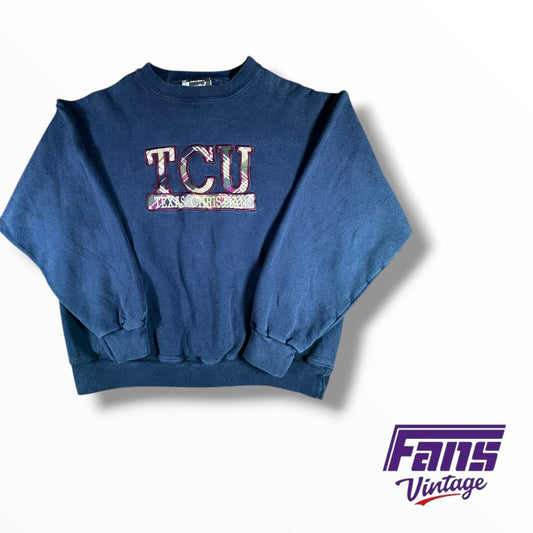 Vintage 90’s TCU Plaid Lettering Crewneck Sweater in fun Navy & Maroon Colorway