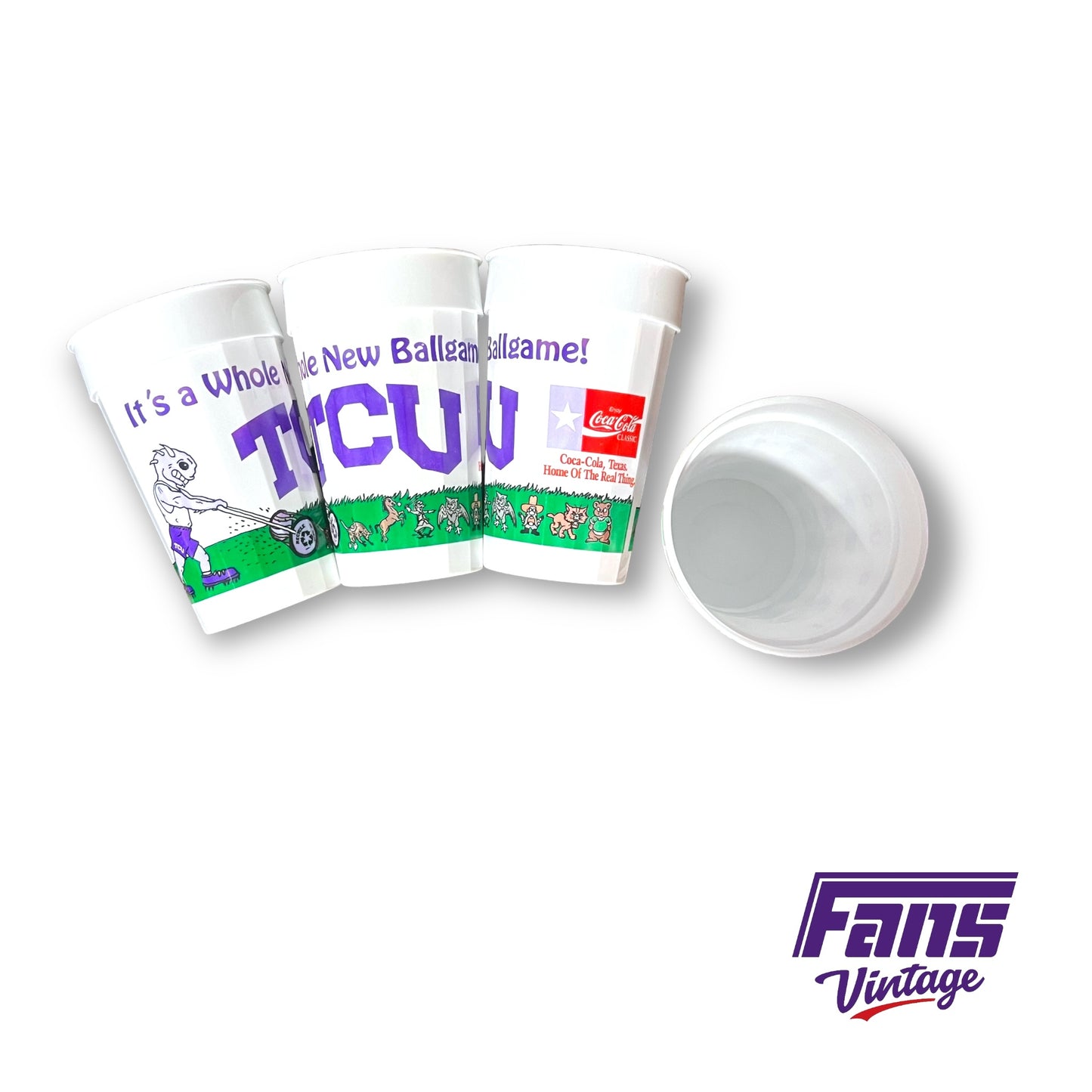 RARE Vintage 90s TCU Stadium Cup Set - feat. CREEPTASTIC SuperFrog mowing down SWC Rival Mascots