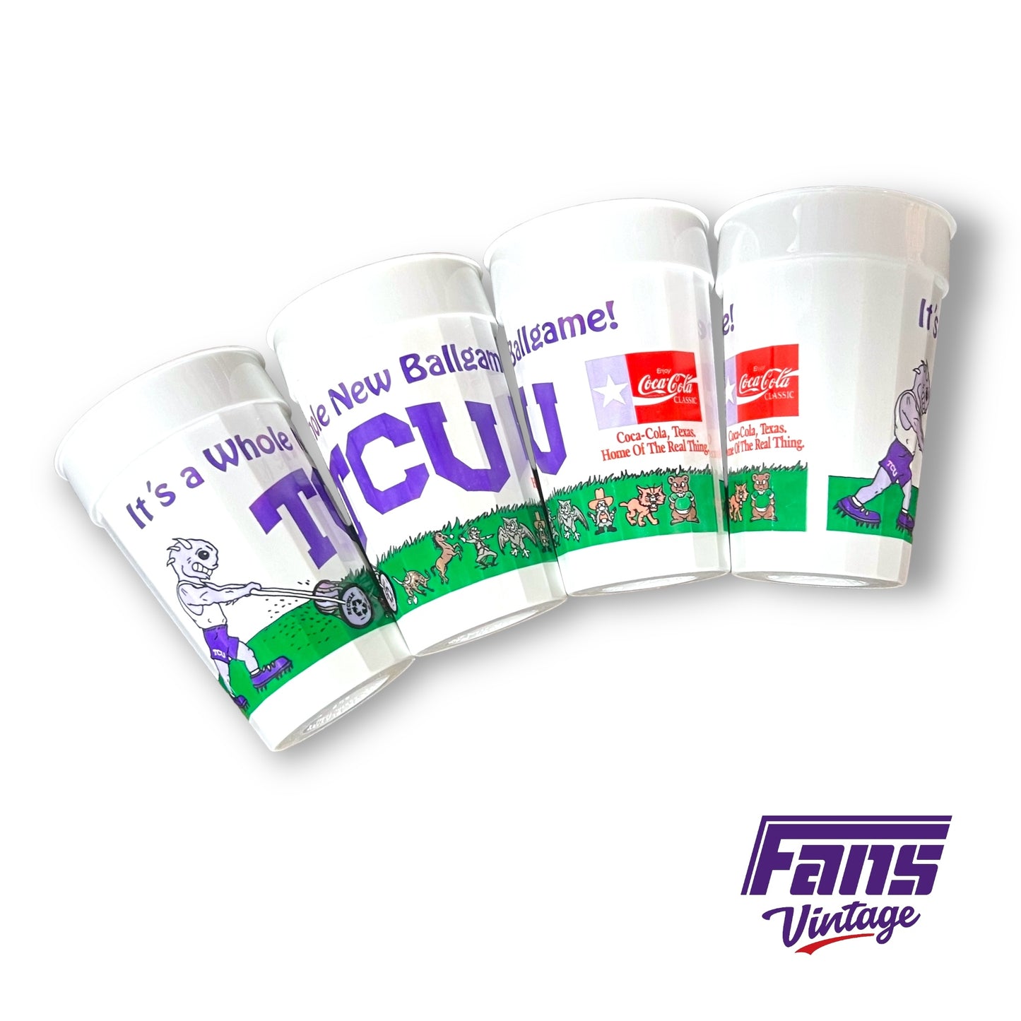 RARE Vintage 90s TCU Stadium Cup Set - feat. CREEPTASTIC SuperFrog mowing down SWC Rival Mascots