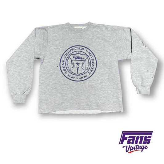 RARE! 90s Vintage TCU School Seal Crewneck Sweater with custom crop and awesome distressed look!