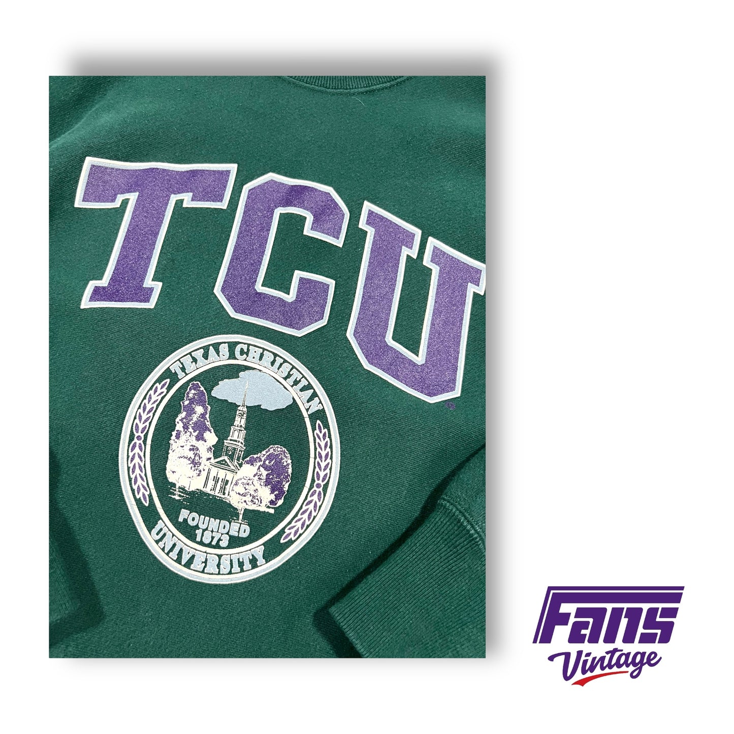 GRAIL - GORGEOUS Vintage TCU Crewneck Reverse Weave Sweater in Hunter Green with Robert Carr Chapel Logo