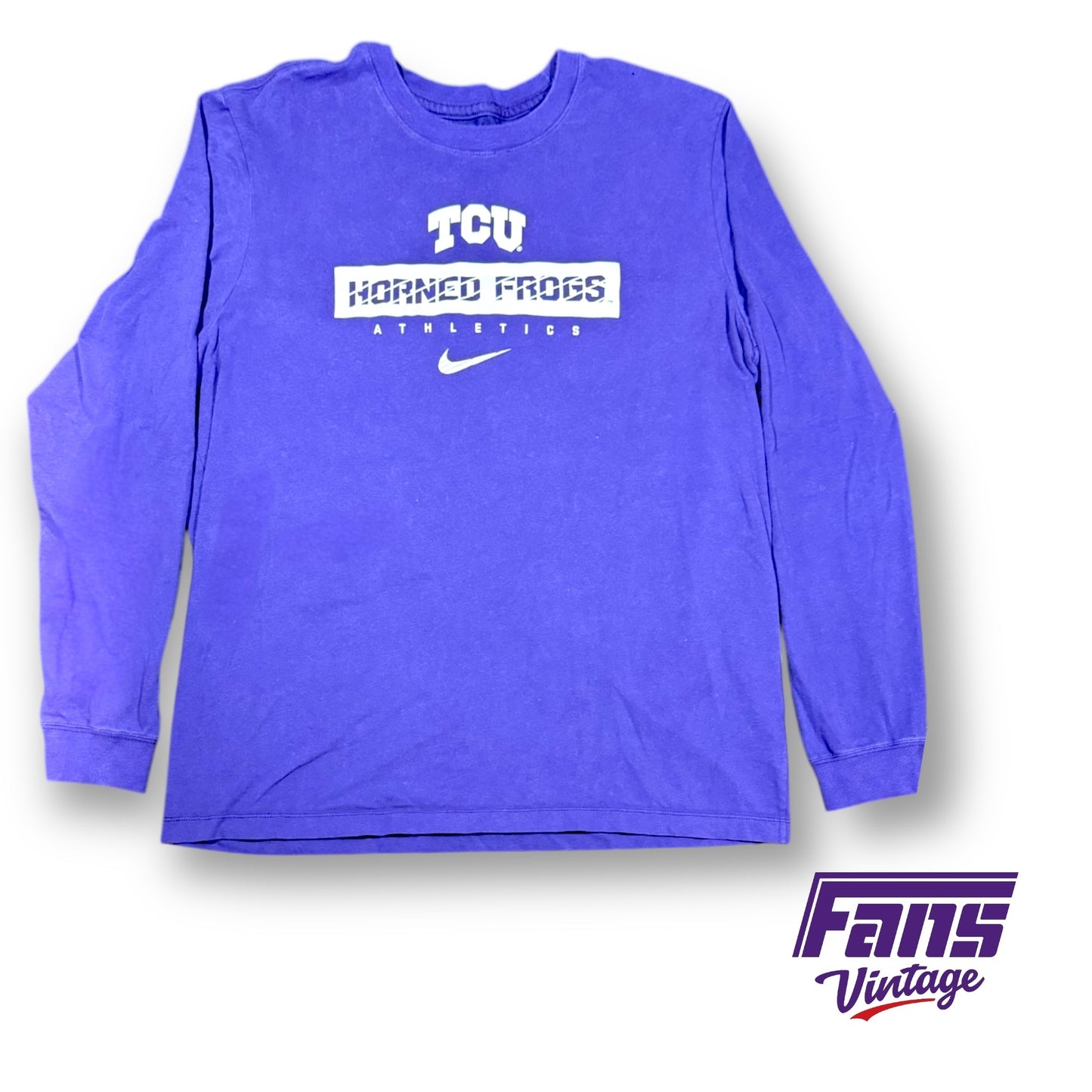 TCU Football Team Issue Nike Premium Ultra Soft Crewneck Long Sleeve Shirt - Horned Frogs Block Logo