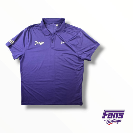 TCU Baseball Team Issued Solid Purple Polo with Throwback Script ‘Frogs’ Logo