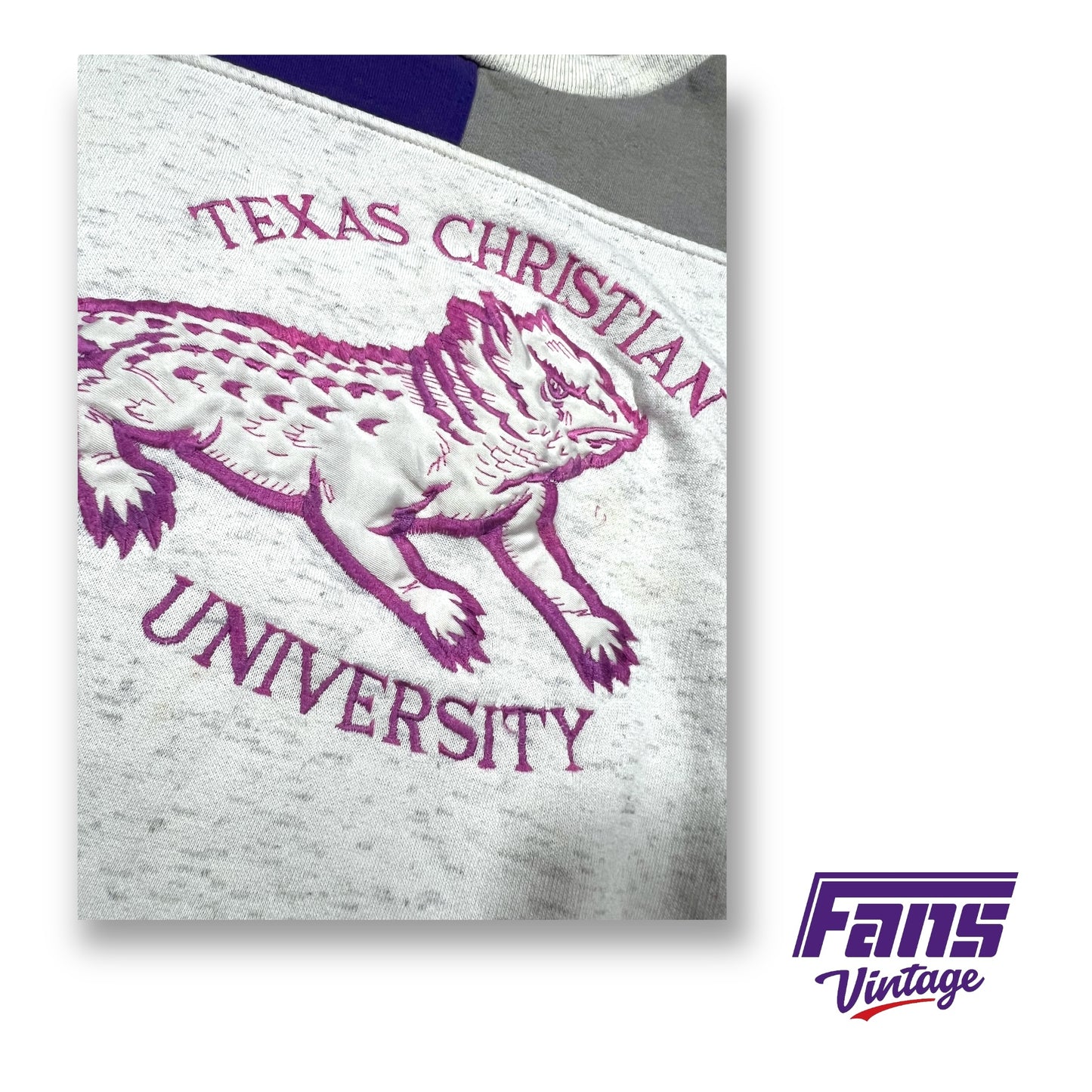 EPIC 90s Vintage TCU Crewneck Sweater with large satin twill Horned Frog embroidered throwback logo - Worn by TCU Football coach!