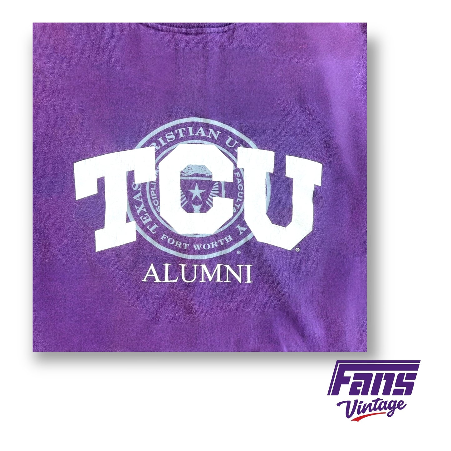 Vintage 90s TCU Alumni School Seal Logo Tee - Unique Sun Fade!