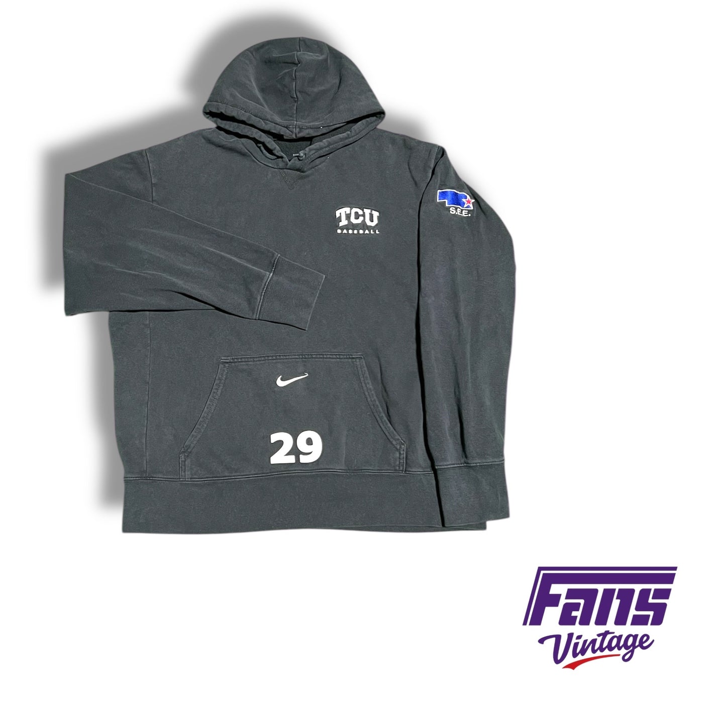 TCU baseball Nike team issued College World Series custom hoodie sweatshirt with embroidered Omaha patch and numbering #29