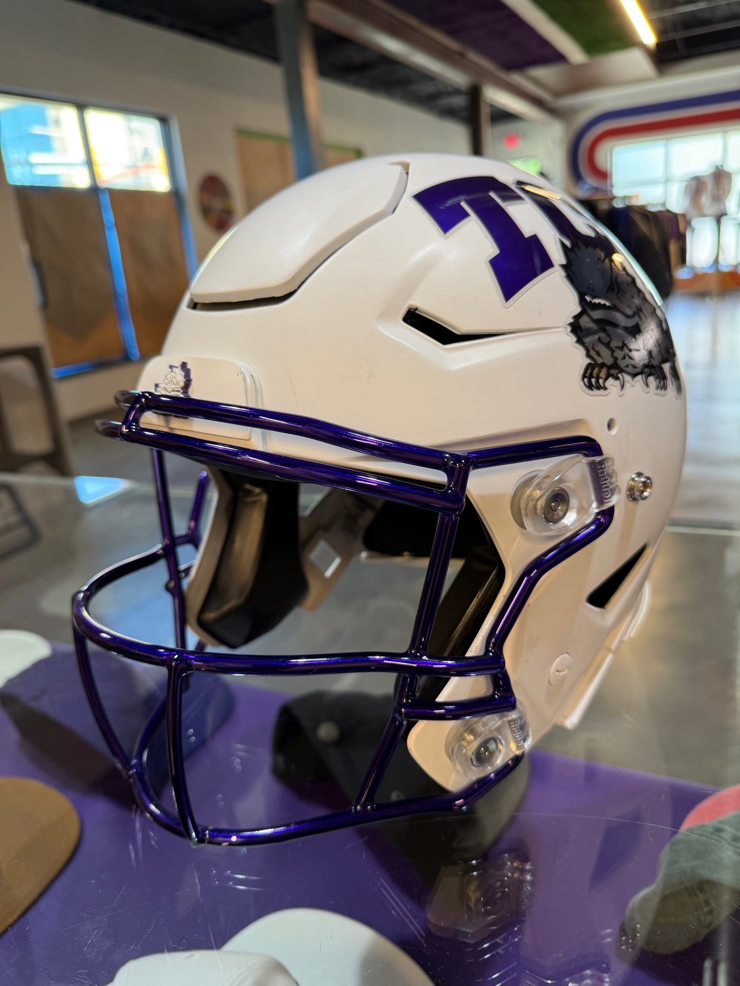 TCU Football Game Worn Authentic White Matte Helmet with Purple Chrome Mask - Last SMU Game Helmet!