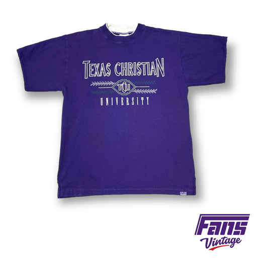 Vintage 90s TCU Tee with awesome graphics and double collar and cuffs!