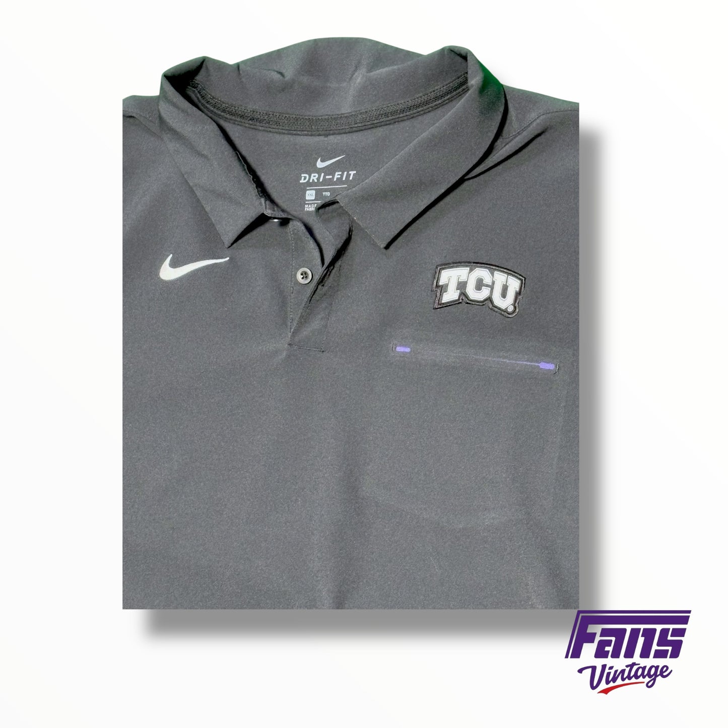 TCU Nike team issued Drifit matte black polo with chest pocket