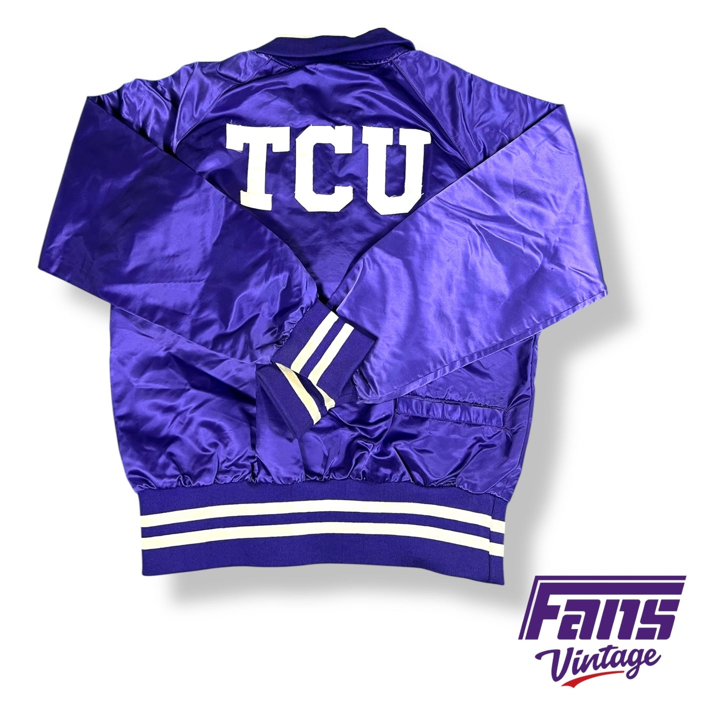 GORGEOUS 80s Vintage TCU satin look pullover with stitched lettering