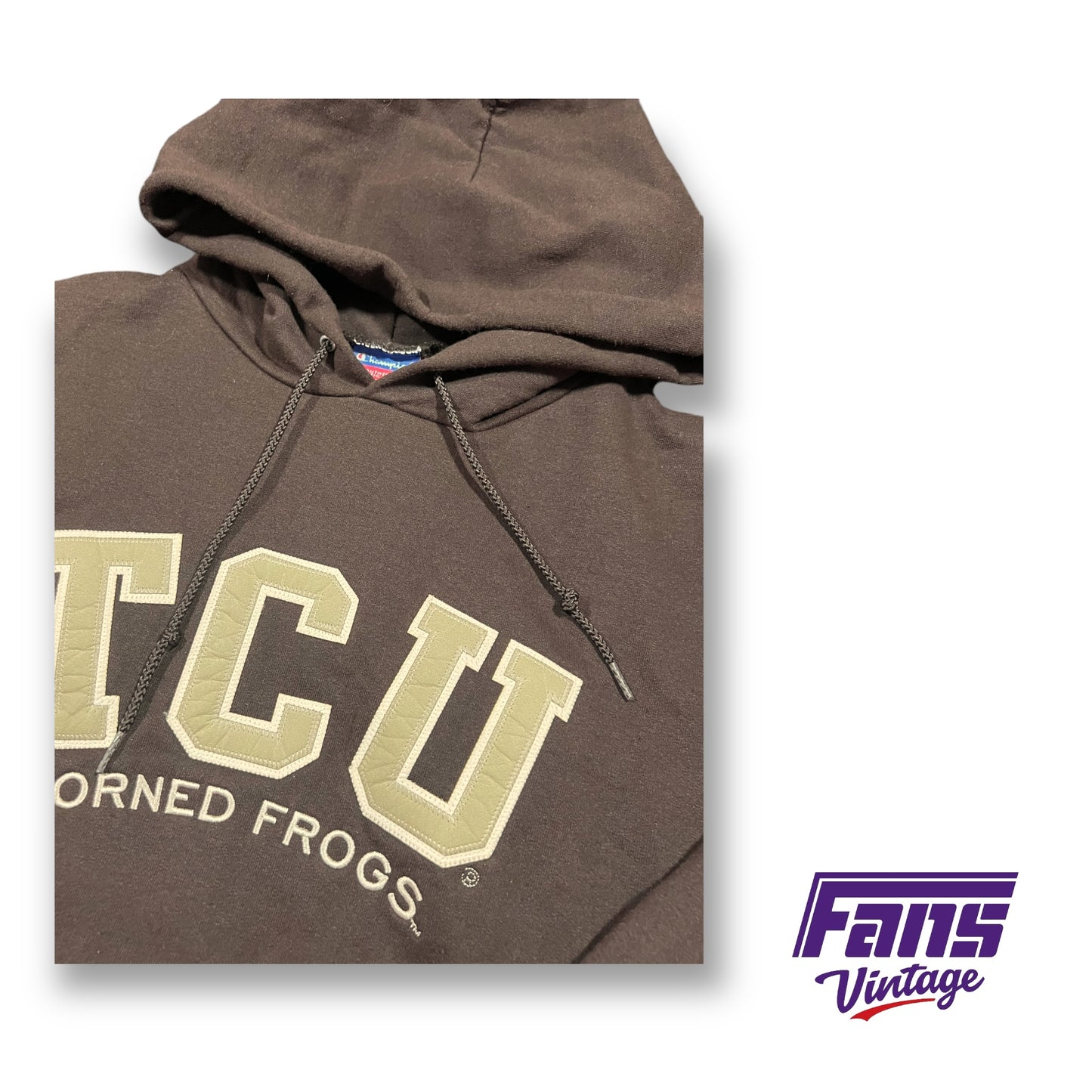 Rad! Vintage TCU Hoodie in Brown with stitched jersey style lettering with Tan Leather style patches!