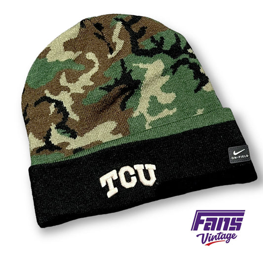 TCU Football Salute To Service Camo Sideline Beanie with Puff Embroidery and USA Flag Patch