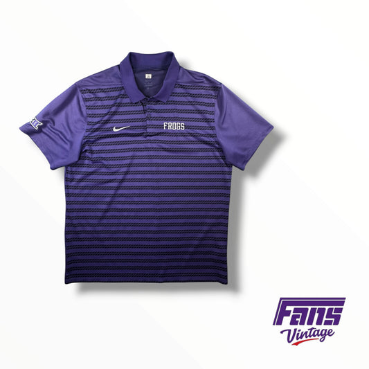 TCU Baseball Team Issued Purple Polo With Diamond Stripe Pattern & Throwback ‘Frogs’ Logo