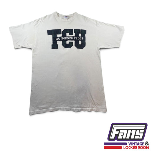 Vintage TCU Horned Frogs Plaid Lettering Jersey Stitched White T-Shirt