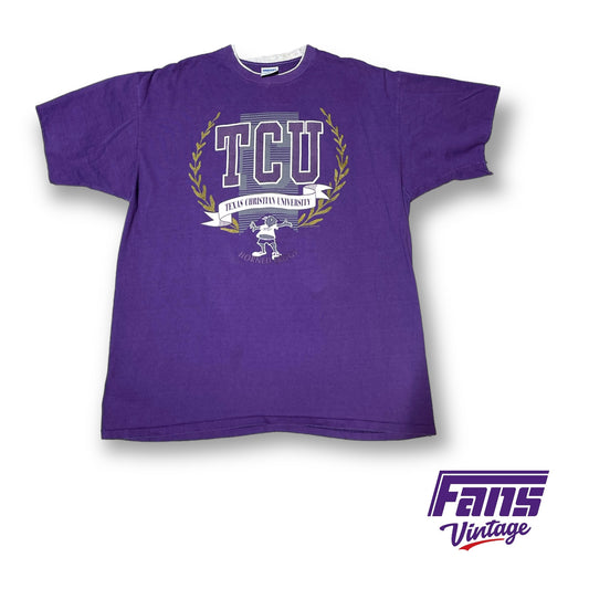 RARE 90s Vintage TCU Tee featuring crazy crop top Horned Frog mascot!