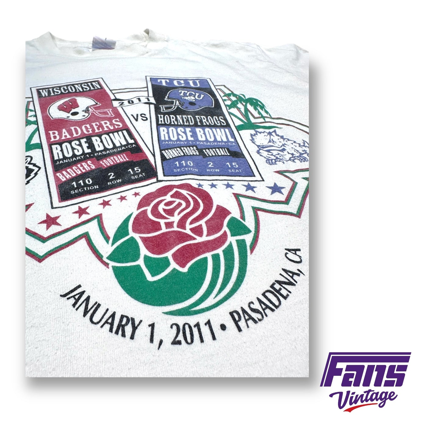 RARE TCU ROSE BOWL PRINT! Sick double sided vintage shirt with Ticket stub TCU vs Wisconsin Face Off Graphic