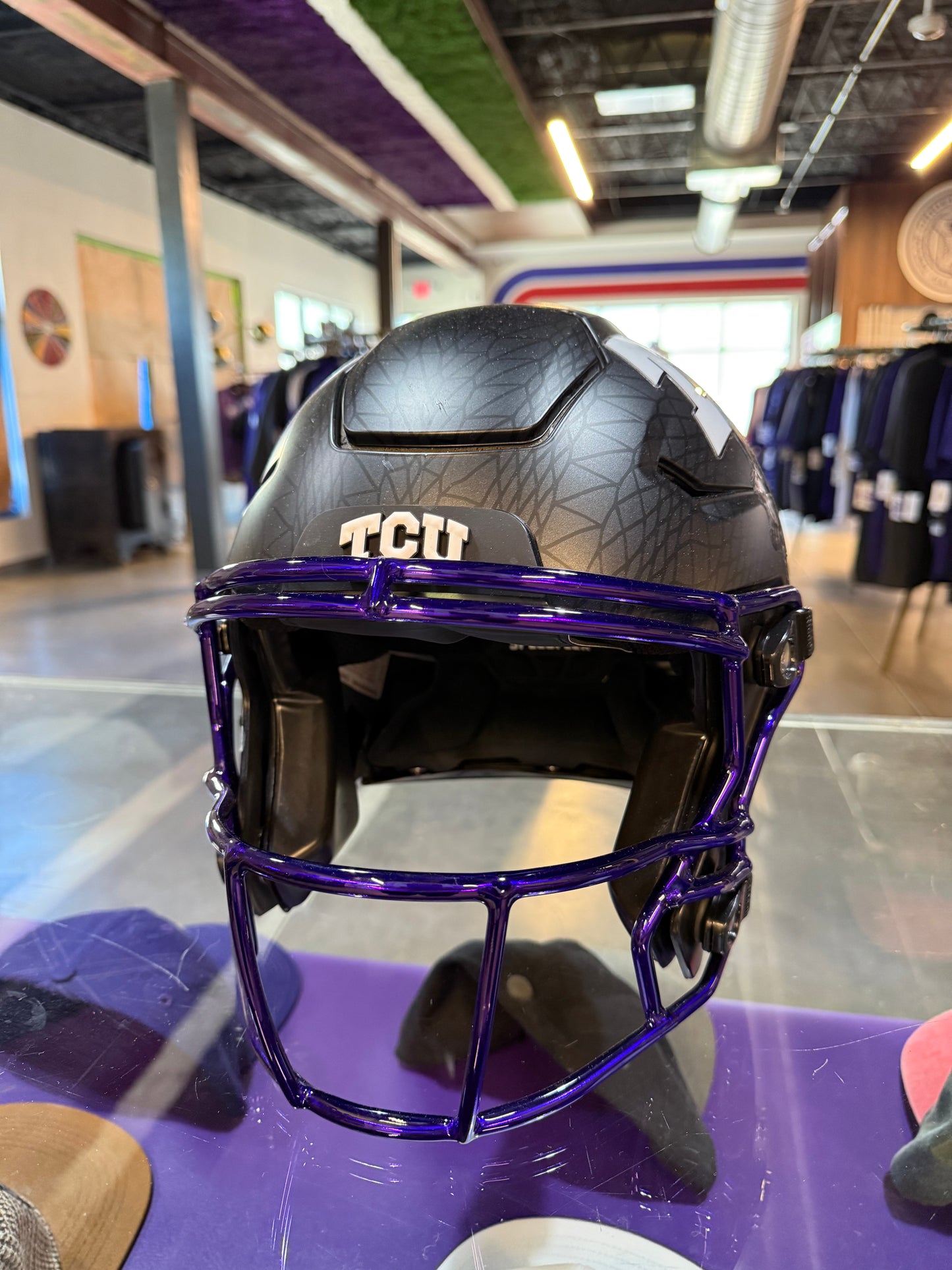 Matte Black Frogskin TCU Football Game Worn Authentic Helmet with Purple Chrome Mask
