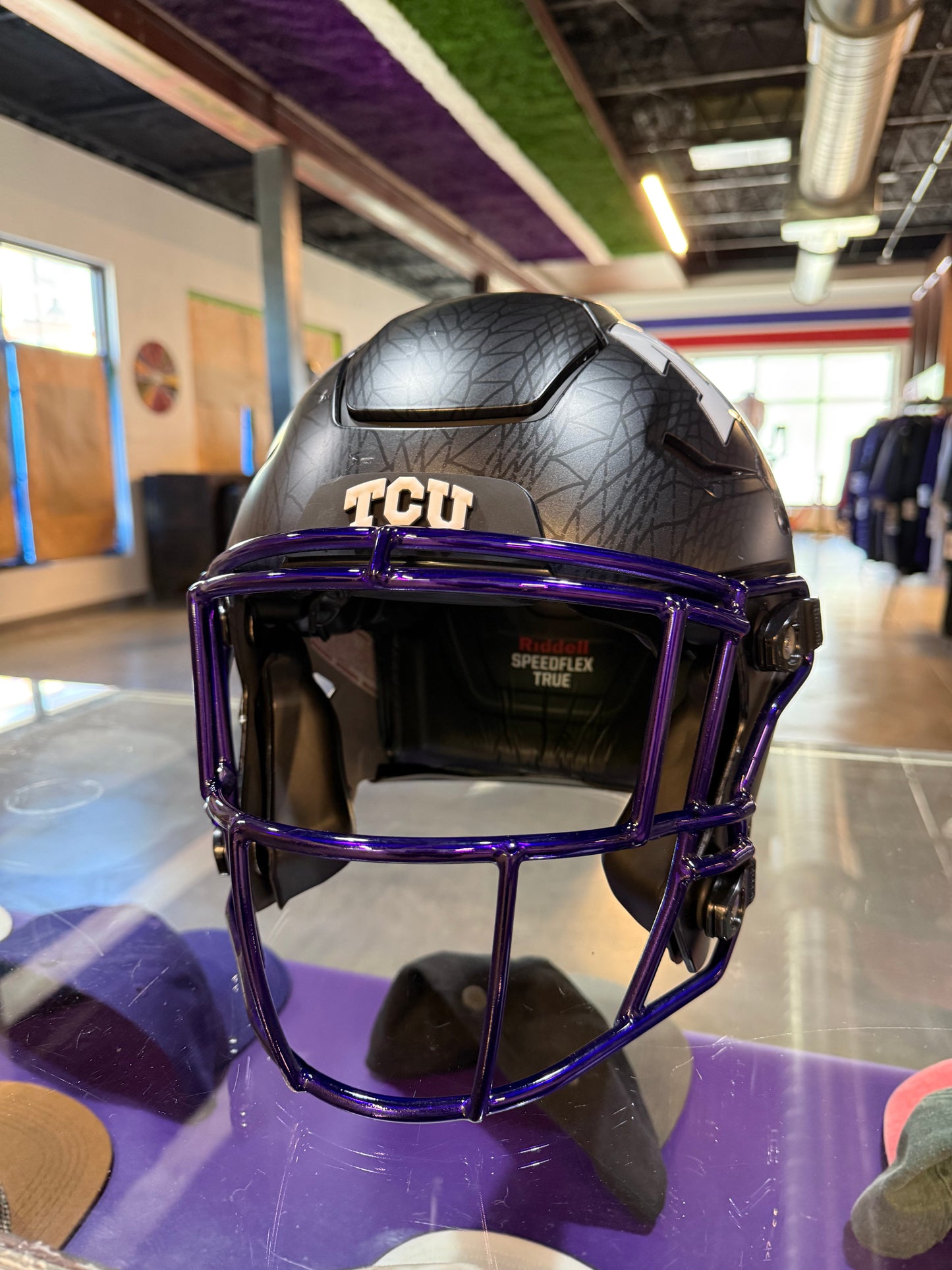 Matte Black Frogskin TCU Football Game Worn Authentic Helmet with Purple Chrome Mask