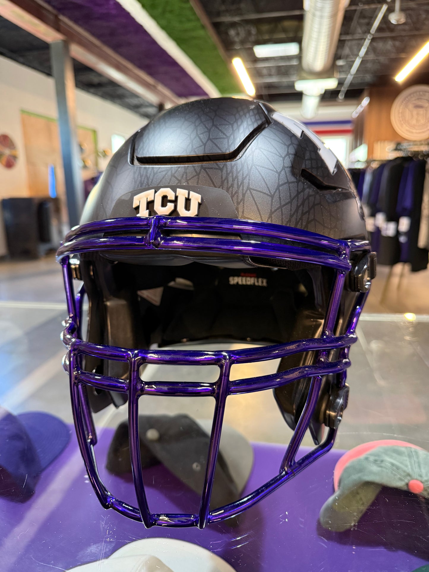 Matte Black Frogskin TCU Football Game Worn Authentic Helmet with Purple Chrome Mask