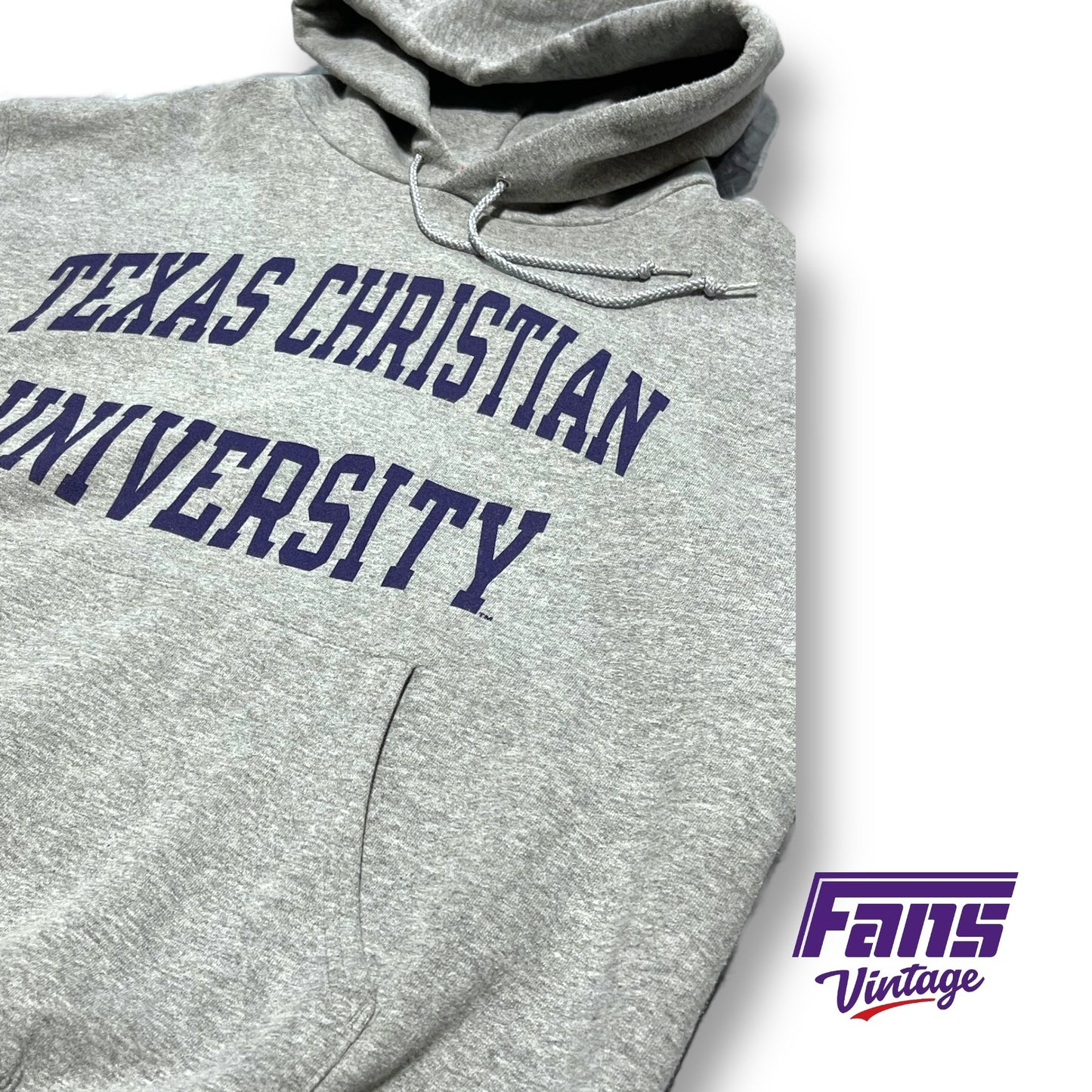 Vintage TCU Gray Hoodie with arched ‘Texas Christian University’ Spellout Lettering