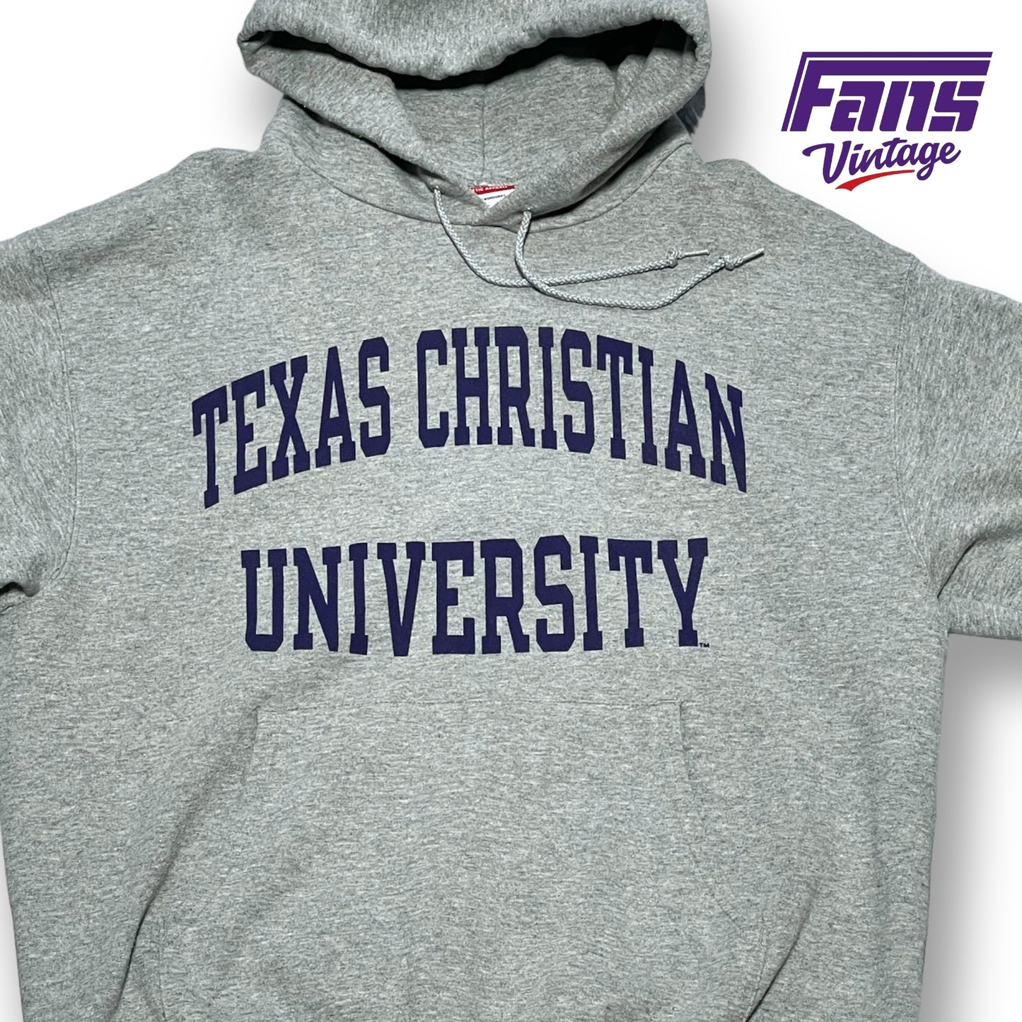 Vintage TCU Gray Hoodie with arched ‘Texas Christian University’ Spellout Lettering