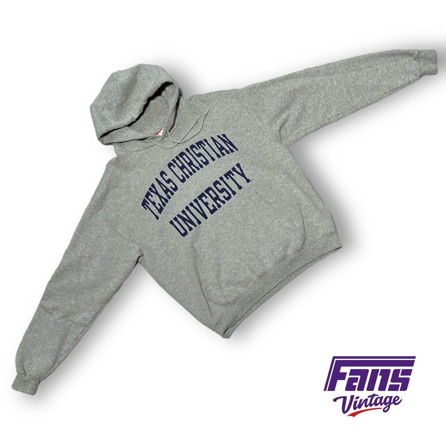 Vintage TCU Gray Hoodie with arched ‘Texas Christian University’ Spellout Lettering