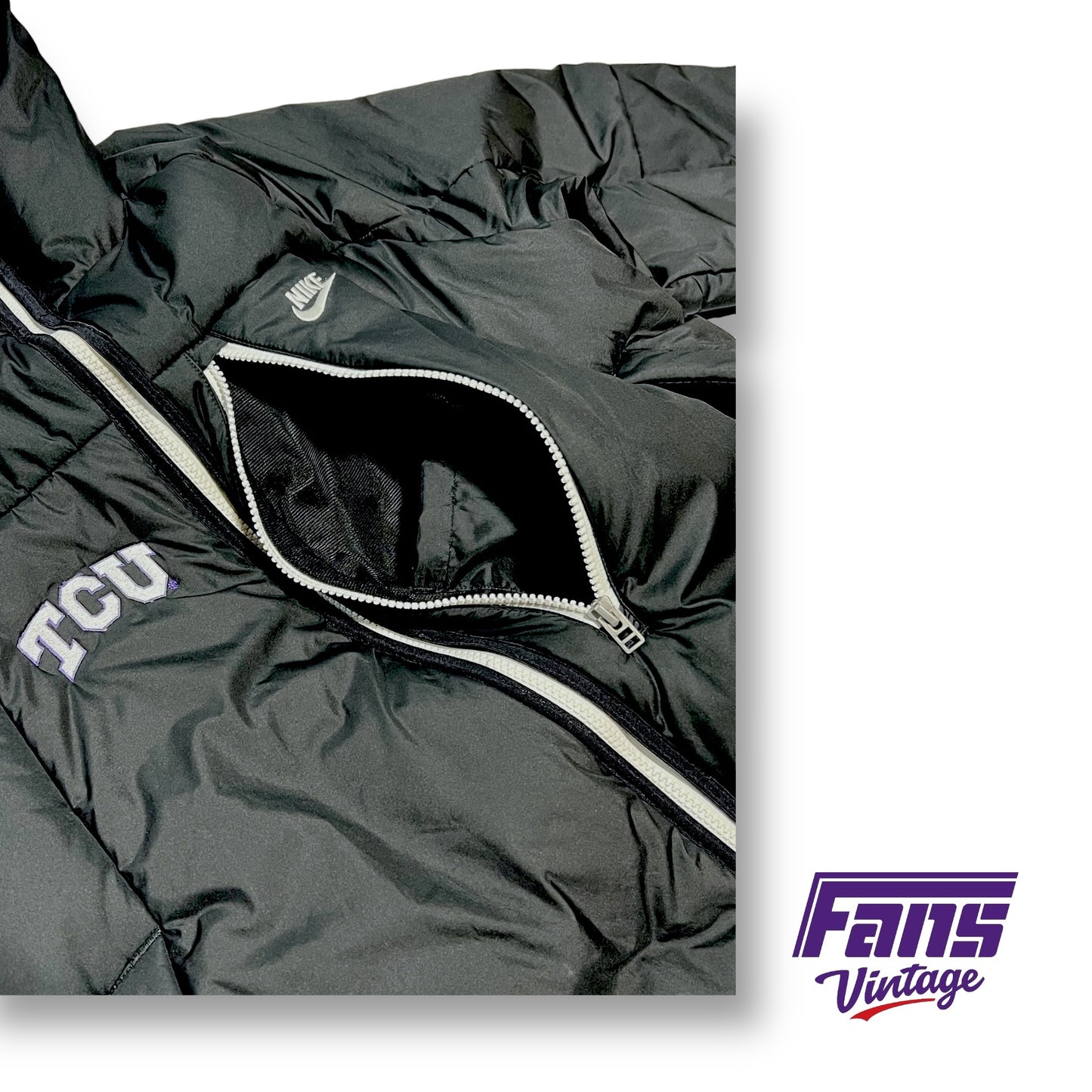 TCU Big XII Team Issued Nike Sportswear Sleek Black Hooded Puffer Jacket 3/4 Length