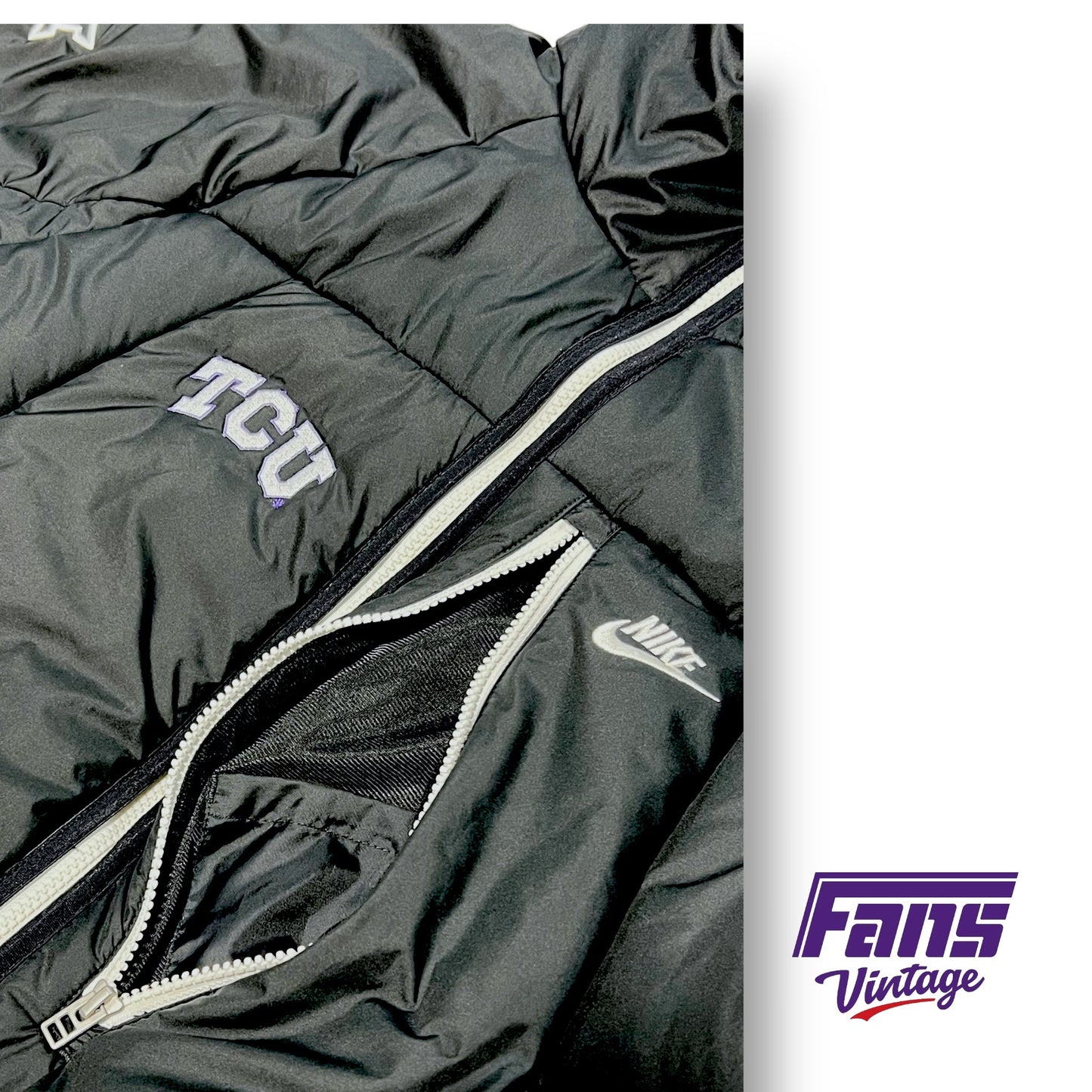 TCU Big XII Team Issued Nike Sportswear Sleek Black Hooded Puffer Jacket 3/4 Length