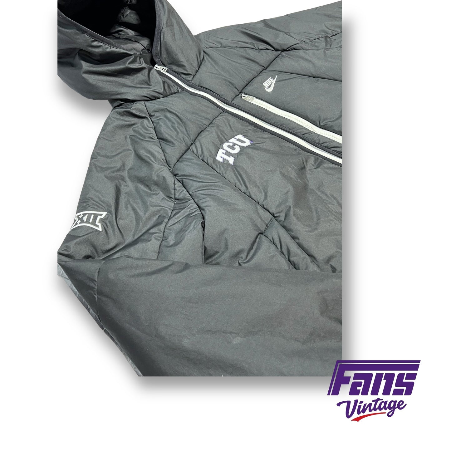 TCU Big XII Team Issued Nike Sportswear Sleek Black Hooded Puffer Jacket 3/4 Length