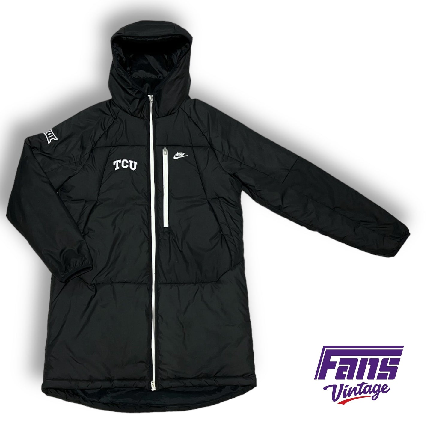 TCU Big XII Team Issued Nike Sportswear Sleek Black Hooded Puffer Jacket 3/4 Length