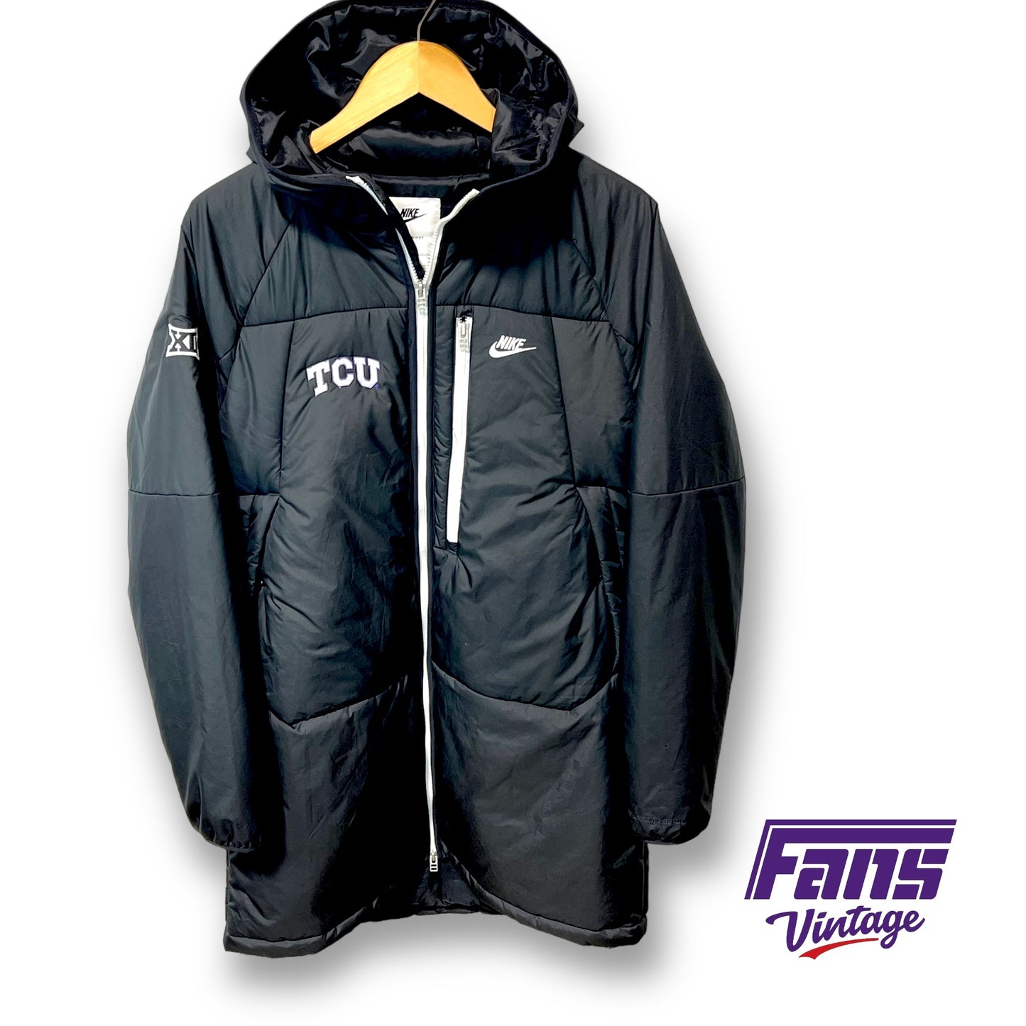 TCU Big XII Team Issued Nike Sportswear Sleek Black Hooded Puffer Jacket 3/4 Length