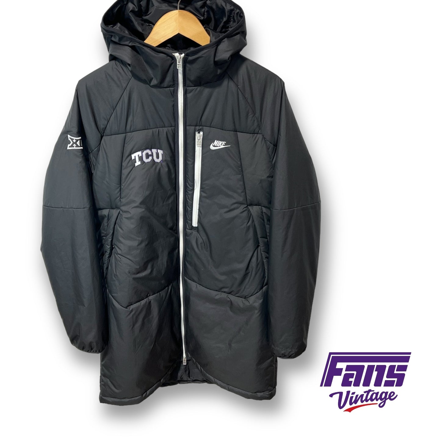 TCU Big XII Team Issued Nike Sportswear Sleek Black Hooded Puffer Jacket 3/4 Length