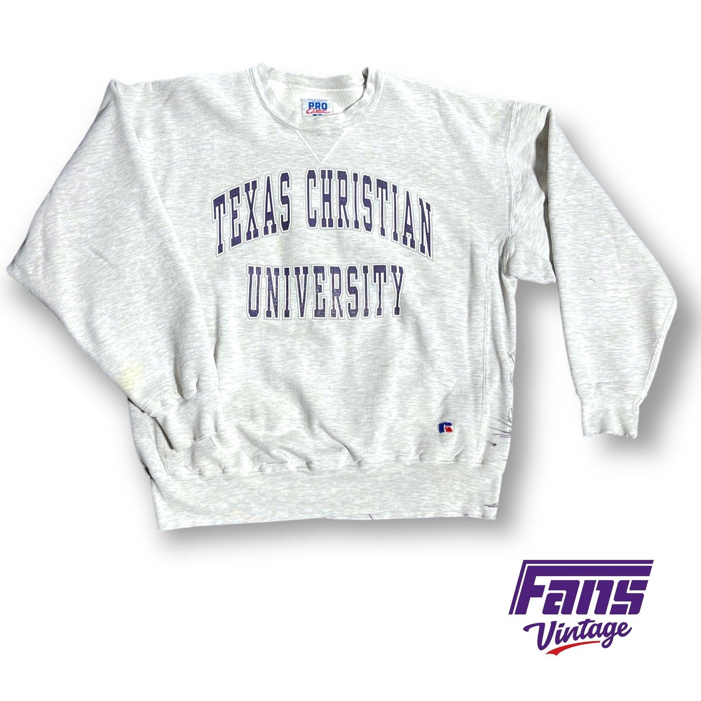 “Thrashed” Vintage 90s Russell TCU crewneck sweater