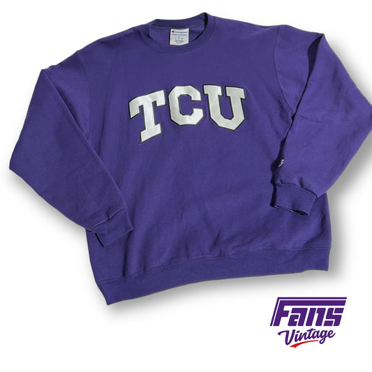 Champion TCU Crewneck Sweater with Stitched Satin Lettering