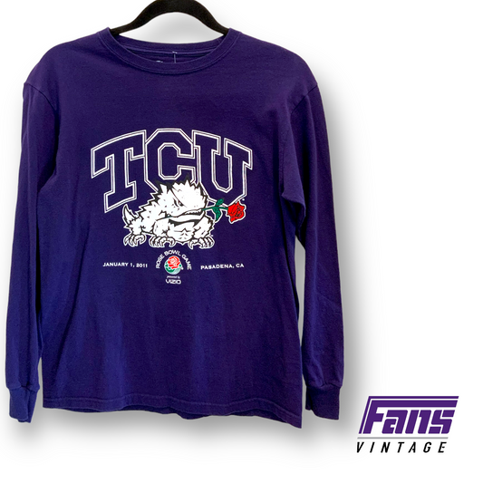 Rare print! TCU Rose Bowl Long Sleeve Tee w/ Frog Holding Rose in Mouth Graphic