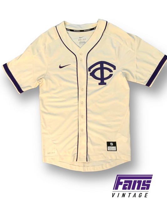 New with Tags! Nike TCU Baseball Throwback style cream/purple "TC" logo Jersey