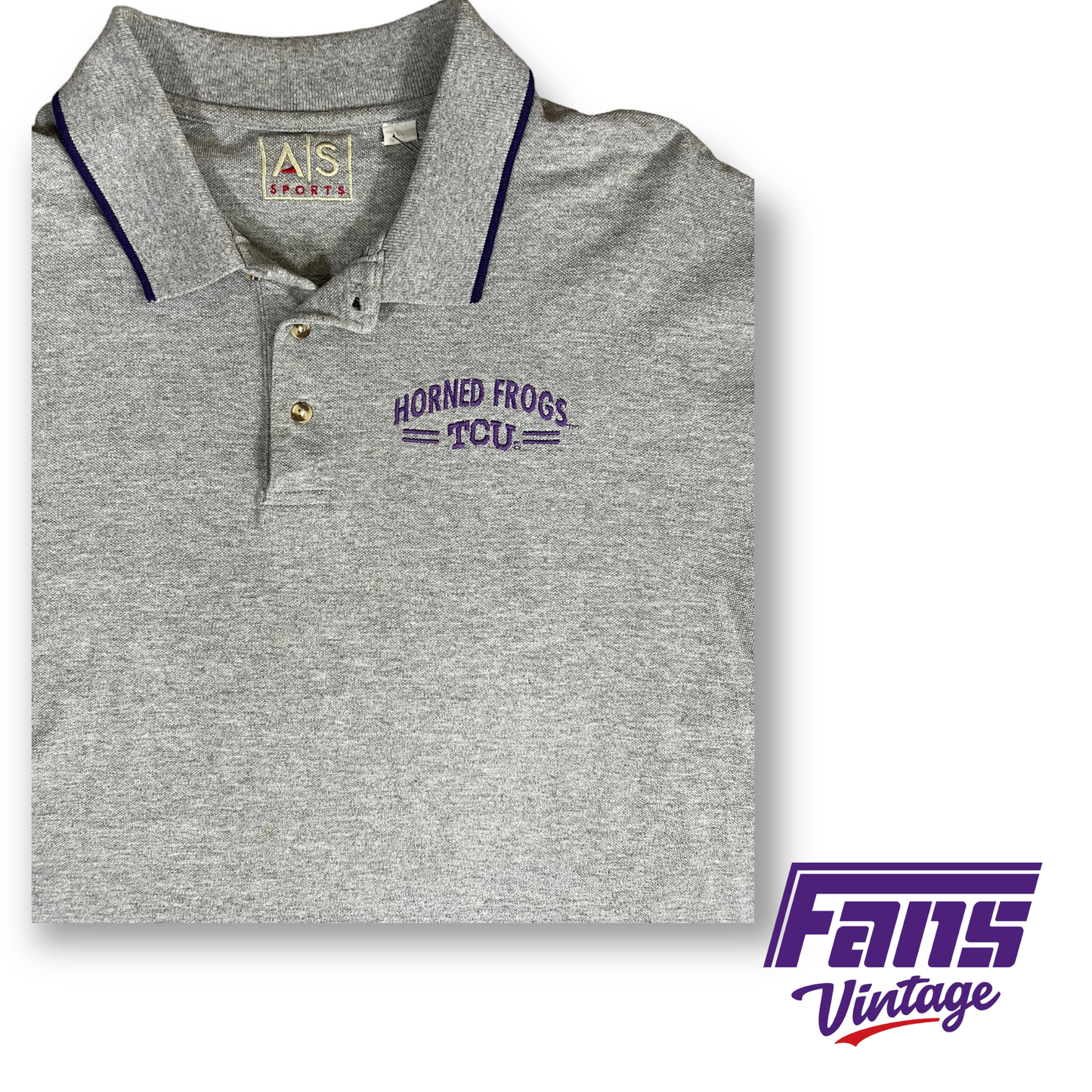 Y2K Vintage TCU Polo - Gray with Striped Collar & Embroidered Logo