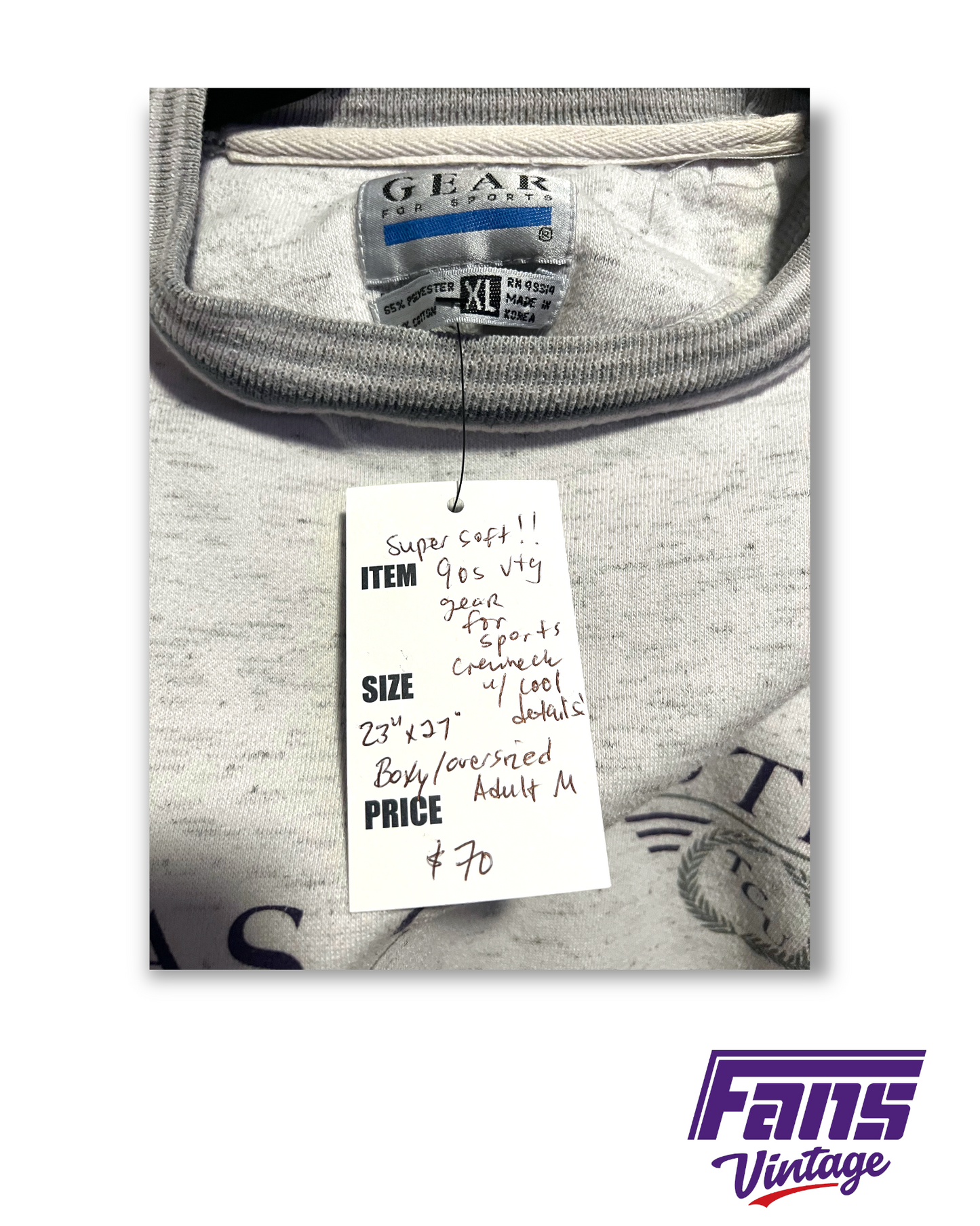 90s Vintage TCU Crewneck - gray with striped collar & cuffs