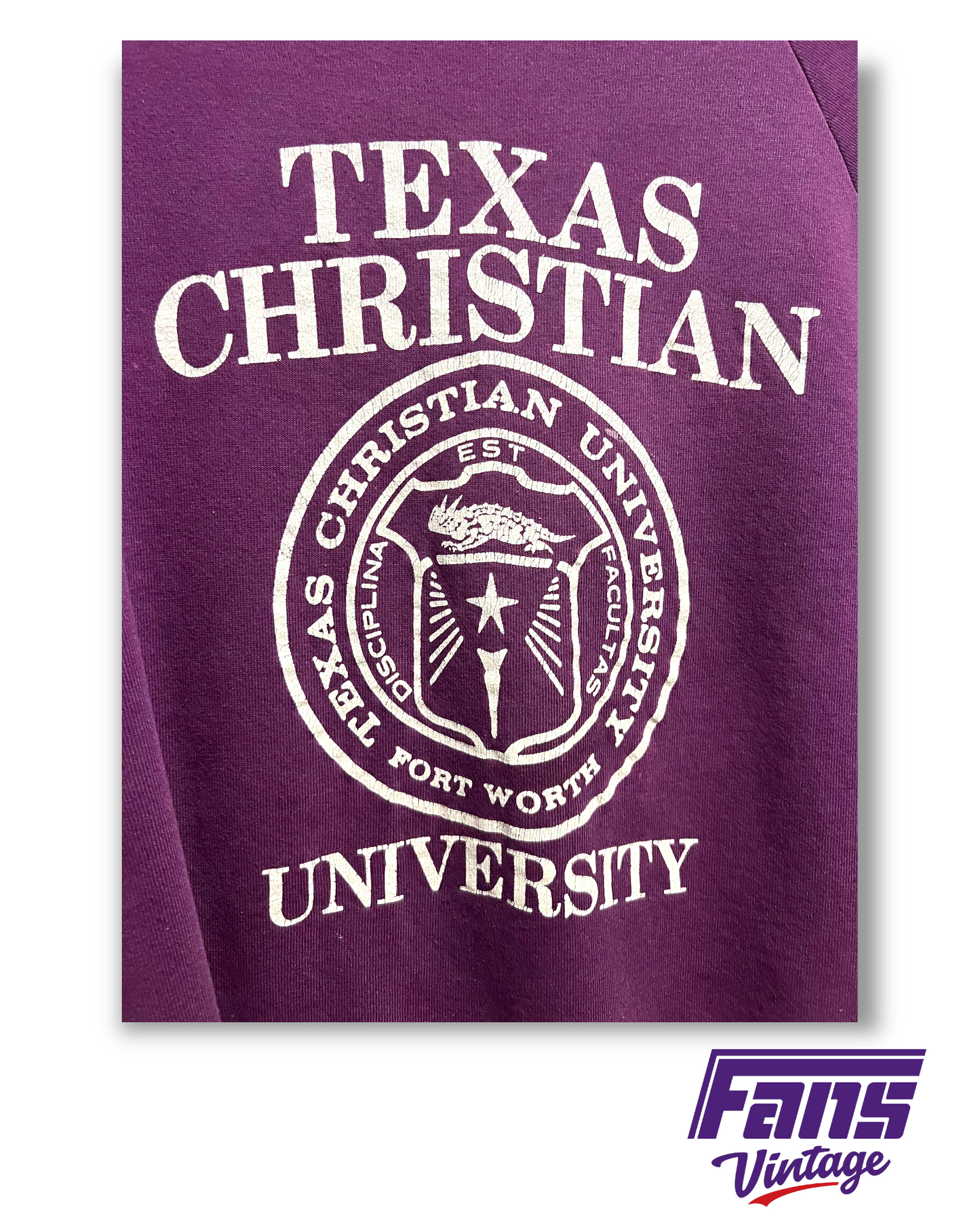 Gorgeous! 1980s Vintage TCU Crewneck with Raglan Sleeves and School Seal Logo