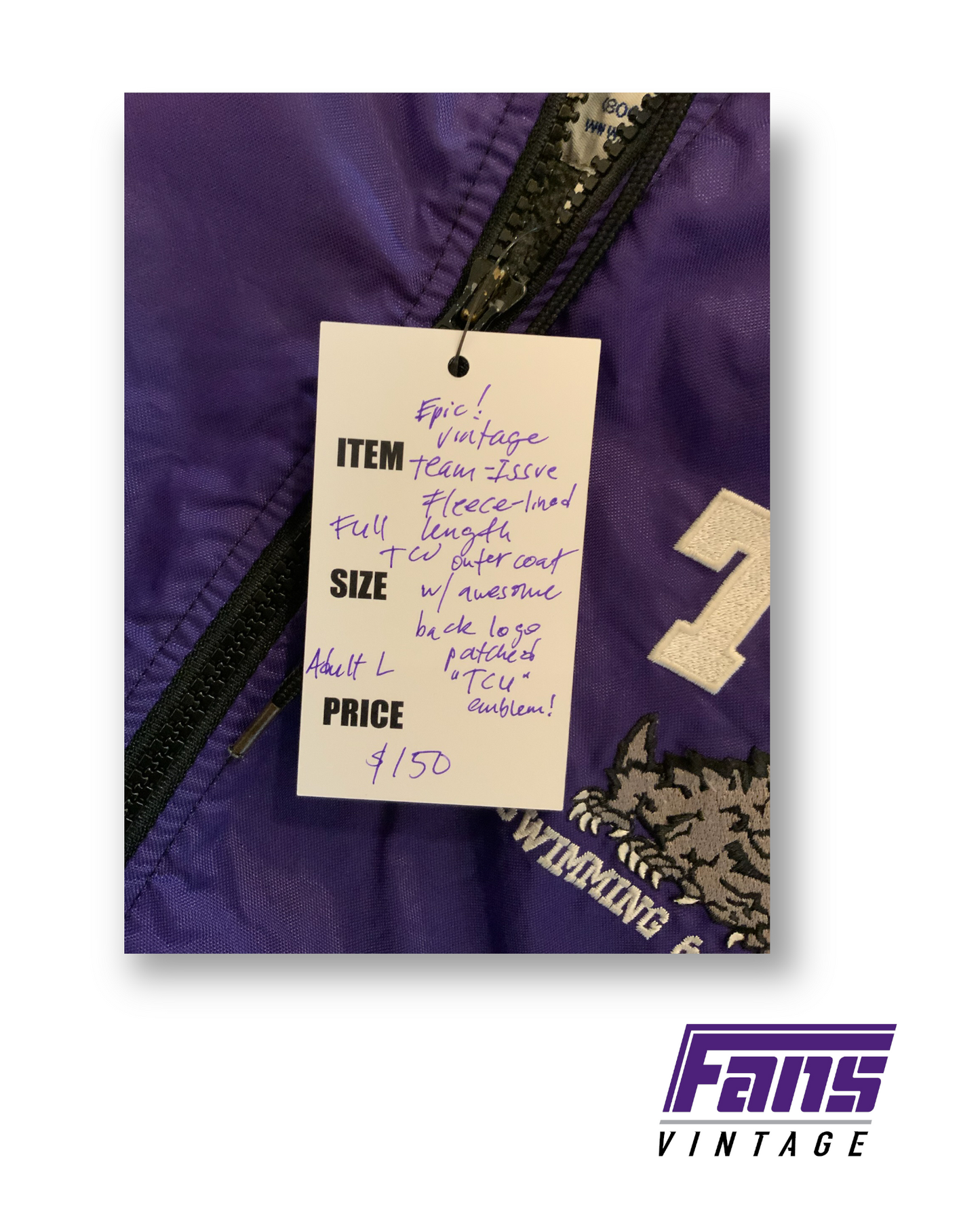 Team-Issue Vintage TCU Jacket - Swimming & Diving Fleece Lined Full Length Parka