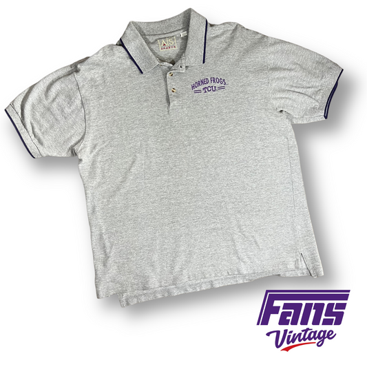 Y2K Vintage TCU Polo - Gray with Striped Collar & Embroidered Logo