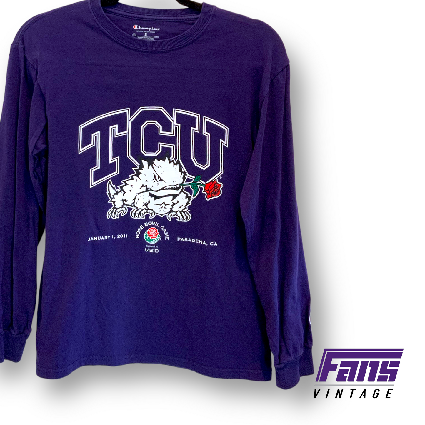 Rare print! TCU Rose Bowl Long Sleeve Tee w/ Frog Holding Rose in Mouth Graphic