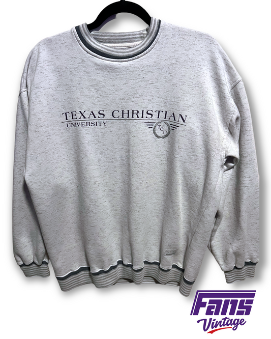 90s Vintage TCU Crewneck - gray with striped collar & cuffs